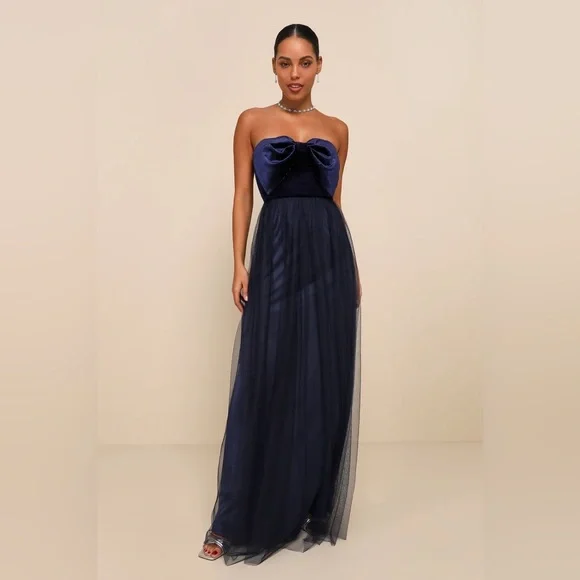 Perfectly Dramatic Navy Velvet Tulle Strapless Bow Maxi Dress - Picture 3 of 3
